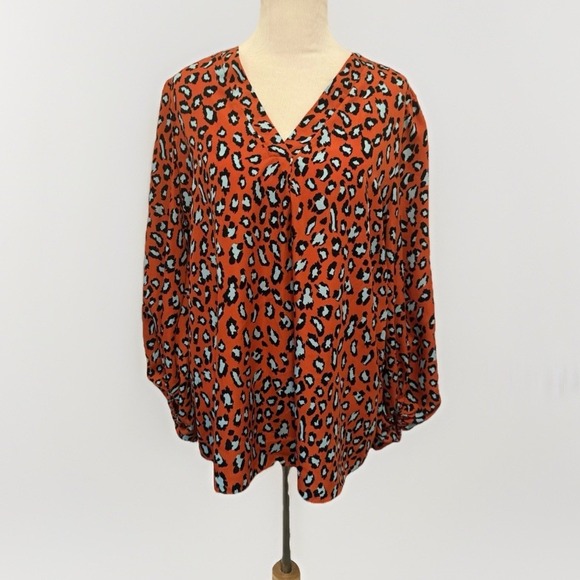 edge Tops - Edge Animal Print Rust Orange Blue V Neck Blouse Size Large NWOT